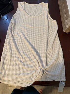 Sleeveless Cream Waffle Knit Swim Cover Up with Front Knot